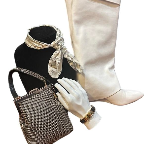 Vintage Satin Neckerchief or handbag Scarf, Paris Chains Gold & Cream Summer - Picture 4 of 11